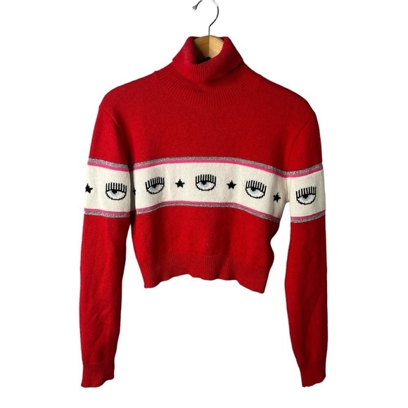 Chiara Ferragni Logomania Turtleneck Sweater Red Size Medium Cropped Wool Blend - Picture 2 of 7